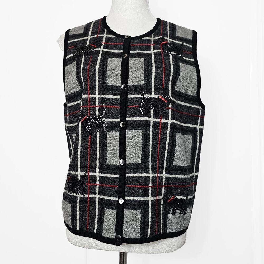 Talbots Medium Sleeveless Button-Up Plaid Sweater Vest with Sequin Dog Motif